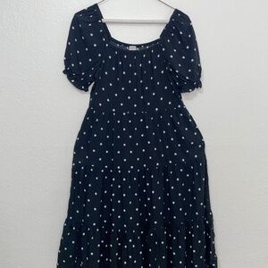 J Crew Size XS Printed Polka Dot Flutter Sleeve Dress Navy Blue Ruffle J0841